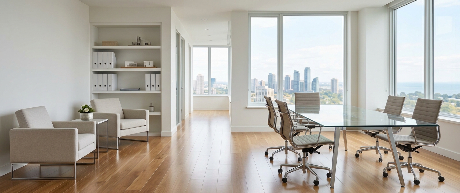 Clean, well-lit office boardroom with a city view